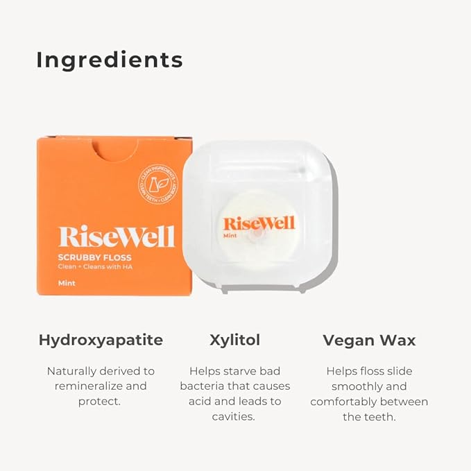 RiseWell Scrubby Tooth Floss - Natural PFAS Free Dental Floss for Teeth with Hydroxyapatite and Xylitol - Dentist-Formulated Plaque Remover for Teeth - Vegan, Natural, Expanding, Mint Waxed, 30 Yards