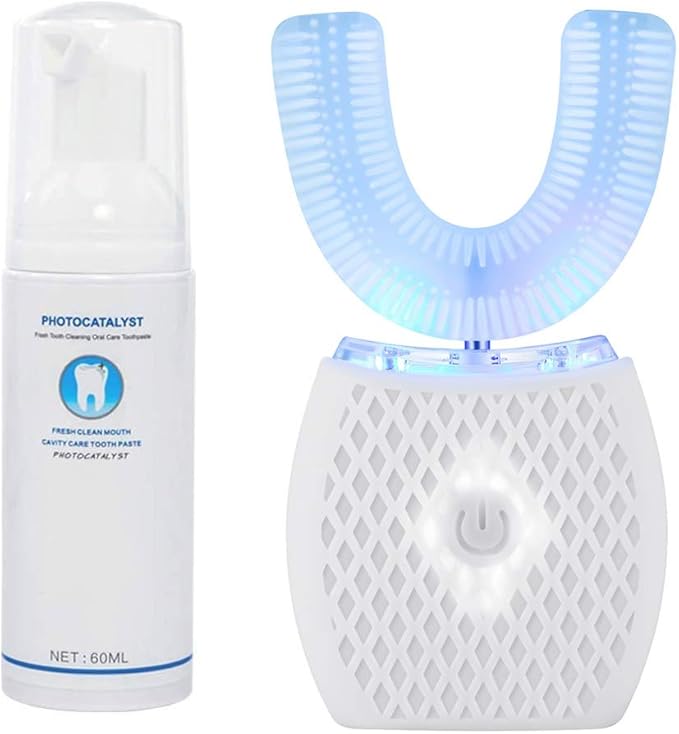 Maybuy Ultrasonic Automatic Toothbrush, Ultrasonic U-Shaped Toothbrushes for Adult, 360° Electric Sonic Tooth Brush with Automatic Timer, Wireless Charging Teethbrush Kit for Travel Or Home (White)