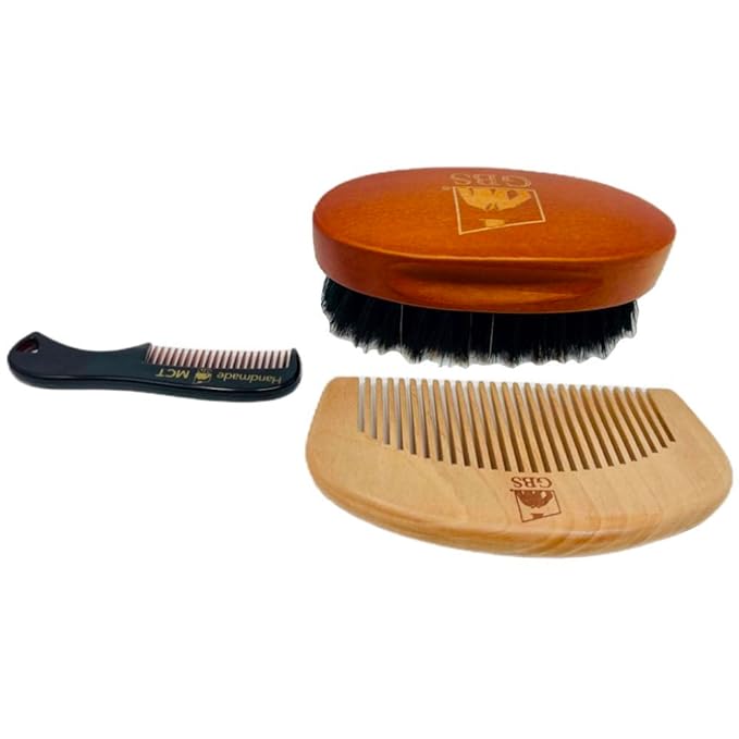 G.B.S Combo Beard Grooming set, Oval Wood Beard Brush with Boar Bristles 4 1/2" x 2 3/8", All Fine Wood Beard Comb 2" x 4" & Tortoise Pocket Beard and Mustache Comb Effortless Glide
