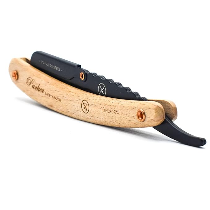 Parker SRP Pine Wood Handle Straight Edge Barber Razor – Stainless Steel Clip‑Type Straight Razor, 5 Premium Half DE Blades Included