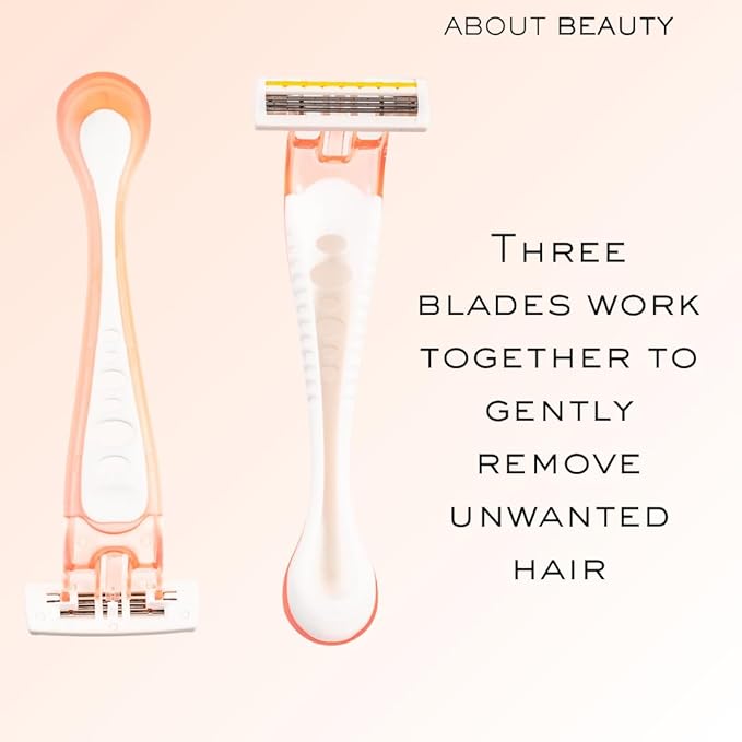 About Beauty Spa Shave 3 Blade Disposable Razors, Includes 4 Disposable Razors, Skin-Soothing Coconut Oil Moisture Pad Gently Glides Along Skin, Ergonomic Cushion Grip Handle