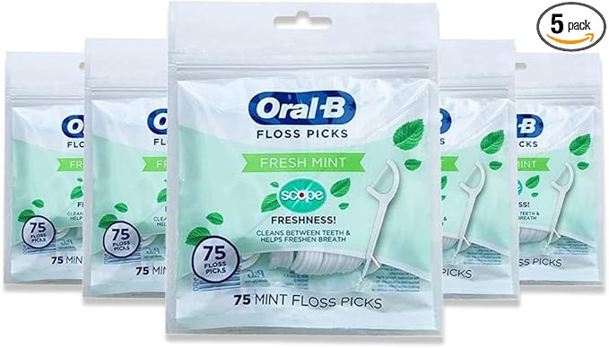 Oral-B Floss Picks Fresh Mint with Scope Freshness, Shred Resistant, 75 Count (Pack of 5)