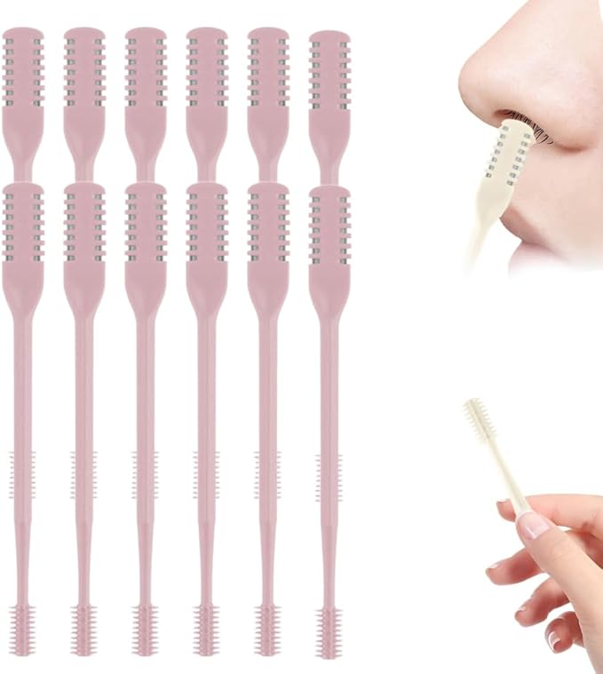 Nasal Hair Cutter, Double Sided Nose Hair Trimmer for Men Women, 360° Rotating Portable Manual Nose Hair Remover, Hairs Knife Noses with Ear Digger Travel Essentials (Pink, 12 PCS)