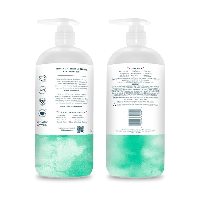 Kirk's 3-in-1 Head to Toe Nourishing Liquid Cleanser - for Men, Women, & Children - Premium Coconut Oil & Aloe Vera - Non GMO & Vegan - Mint and Eucalyptus - 32 Fl Oz. 2 pack
