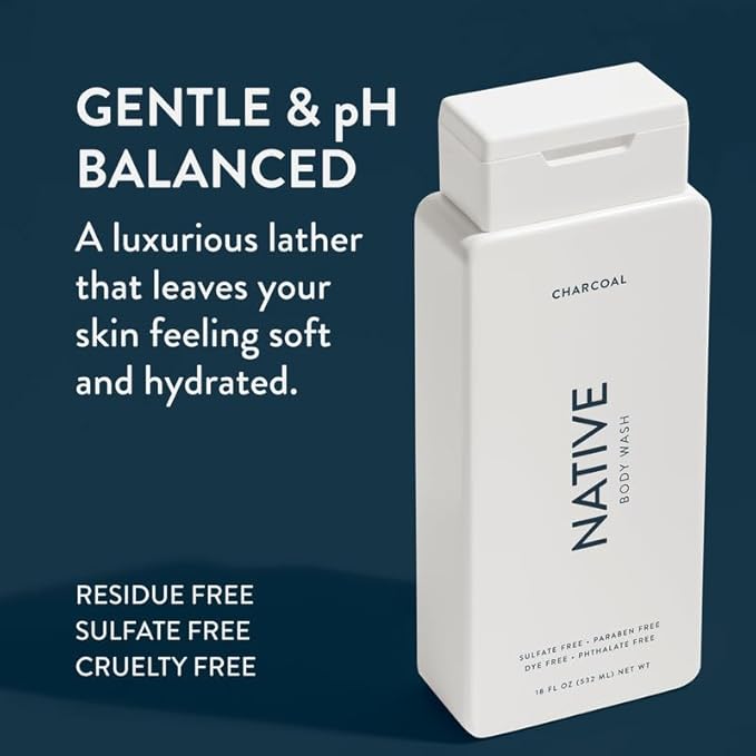Native Body Wash Contains Naturally Derived Ingredients | For Women & Men, Sulfate, Dye, & Paraben Free Leaving Skin Soft and Hydrated | Charcoal 18 oz