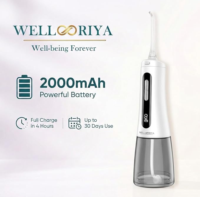 Cordless Water Dental Flosser – Power Dental Flosser for Teeth & Gums, 9 Pressure Levels, 300mL Tank, USB-C Rechargeable Oral Irrigator, IPX7 Waterproof for Braces & Travel – Wellooriya (White)