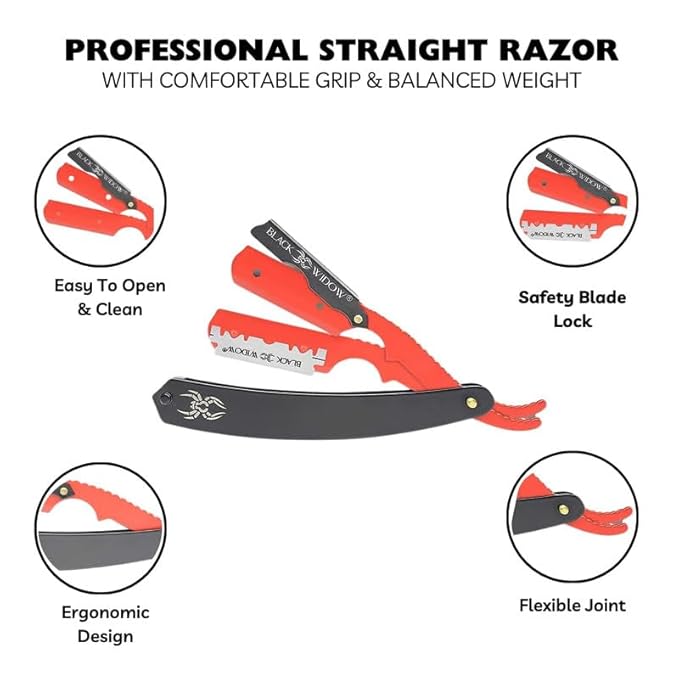Black Widow Professional Barber Straight Edge Razor – Stainless Steel Shavette, 1.5 mm Blade Exposure, Matte Black & Red, 10 Double Edge Blades (20 Single-Edge) for Lineups & Beard Shaping
