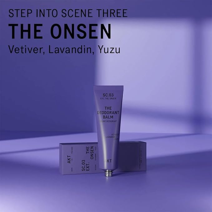 AKT, THE DEODORANT BALM. Award winning, multi-use, natural deodorant. Plastic Free. Gender Free. Aluminium Free. 100% effective — 1 tube lasts up to 3 months.SC.03 THE ONSEN. 50ml/1.76 FL.OZ