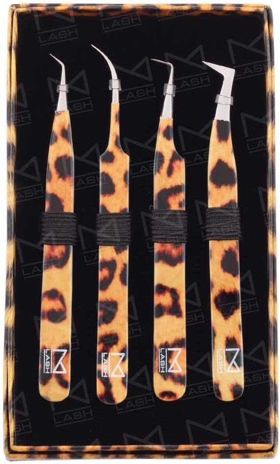 M LASH Tweezers for Eyelash Extensions (Set of 4) - Professional Lash Extension Tweezers - Fiber Tip, Japanese Steel, Diamond Grip Eyelash Extension Tweezer set (Leopard Prints)