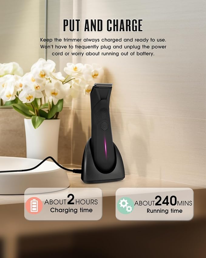 Body Trimmer for Men - Groin & Ball Shaver with Charging Dock - Constant Power No-Pull Electric Pubic Hair Clipper - 5-in-1 Guard Waterproof Body Groomer with LED Light