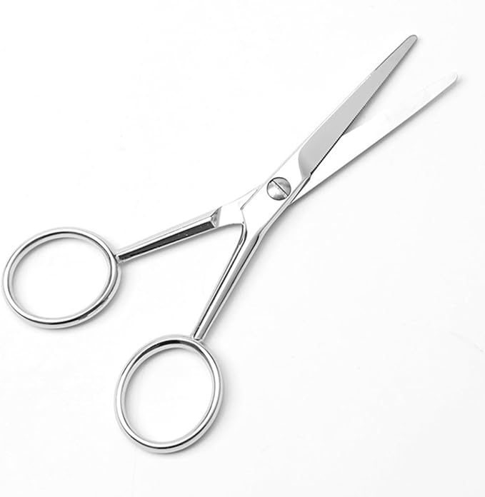KALLORY Stainless Steel Beard Scissors with Teeth, Non-Slip Grooming Scissors for Men, Silver Small Mustache Trimming Tool for Precise Facial Hair Care