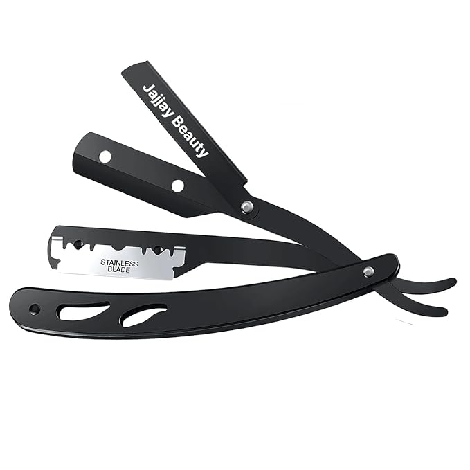 Professional Straight Edge Barber Razor w/ 100 CROWN Single Edge Razor Blades | Straight Razors for Men | Barbershop Accessories | Mens Shaving Knife & Shavette - Black
