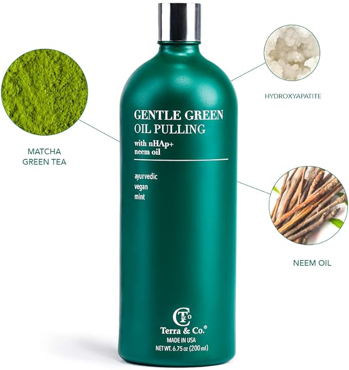 Terra & Co. Nano Hydroxyapatite Gentle Green Oil Pulling - Vegan Natural Mouthwash for Teeth and Gum Health – Alcohol-Free and Fluoride-Free - Made with Cold Pressed Plant Oils | 6.75 oz