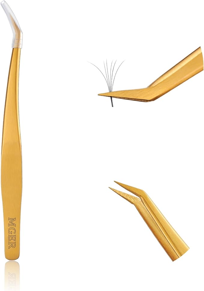 MGER Lash Tweezers for Eyelash Extension-Professional Lashing Tweezers for Mega Volume Mink Eyelashes Extensions Applying, Gold tweezers
