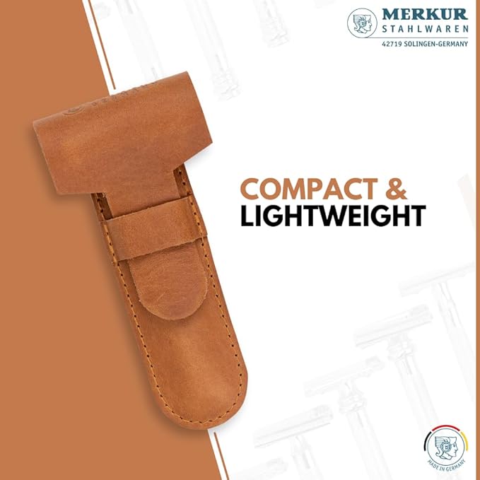 MERKUR Brown Leather Razor Case – Vegetable-Tanned Cowhide, Precision Fit for Safety Razors up to 110 mm, Protective Travel Cover, Made in Germany