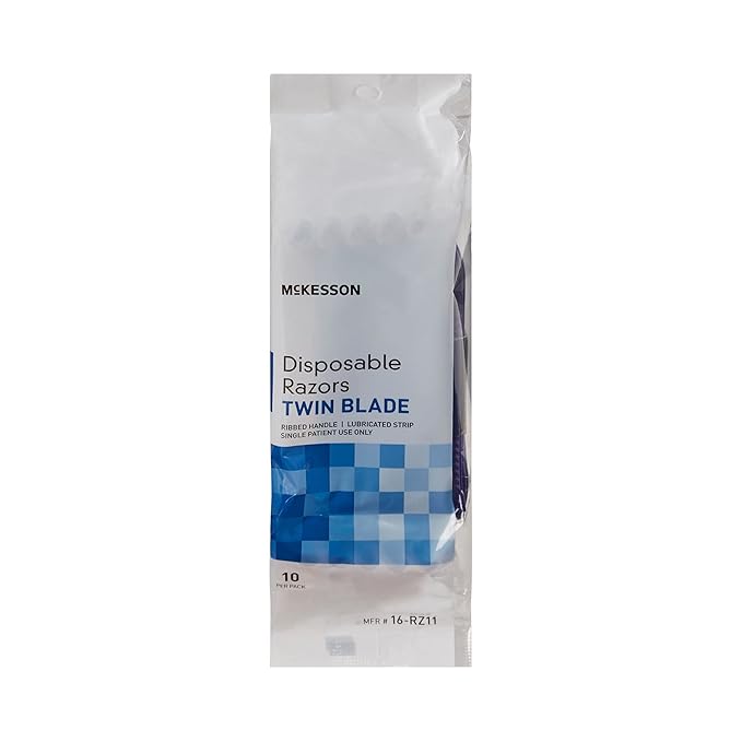 McKesson Disposable Razors, Stainless Steel Twin Blade, Lubricated Strip, Ribbed Handle, Blue, 10 Count, 1 Pack
