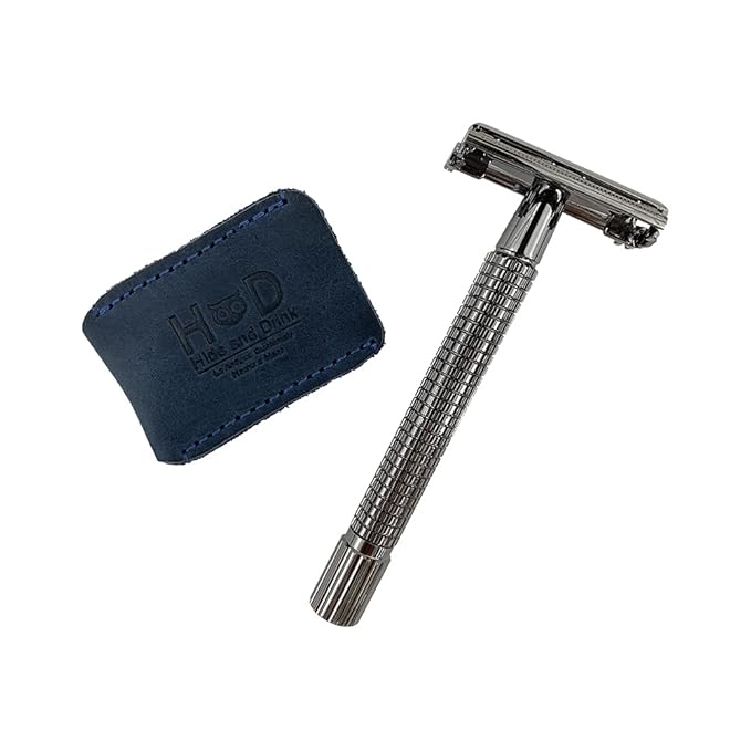 Hide & Drink, Leather Double Edge Safety Razor Head Protective Sheath, Shaving Travel Cover Handmade (Slate Blue)