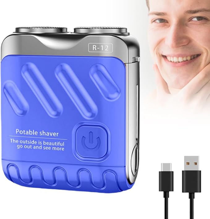 Portable Rotary Dual Ring Electric Shaver, Long Lasting Mini Rotary Dual Ring Electric Razor for Men, Compact USB Rechargeable Shaver for HomeTravel (Blue)