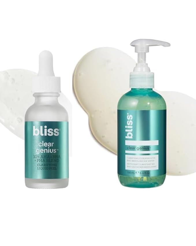 Bliss Clarifying Duo - Clear Genius Salicylic Acid Gel Cleanser + Overnight Liquid Peel - Visbily Reduce Pores Overnight and Clarify Skin with BHA & Niacinamide