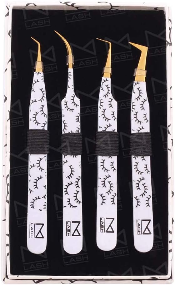 M LASH Tweezers for Eyelash Extensions (Set of 4) - Professional Lash Extension Tweezers - Fiber Tip, Japanese Steel, Diamond Grip Eyelash Extension Tweezer set (WL)