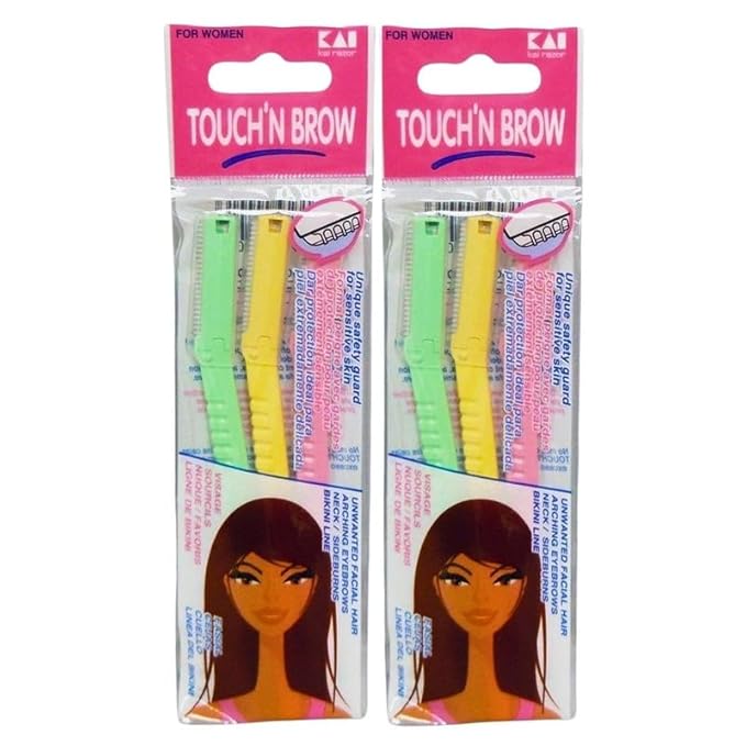 Kai Touch n Brow Eyebrow Razor for Women, 3 Count (Pack of 4), Facial Razor & Dermaplaning Tool with Safety Guard, Peach Fuzz Remover & Precision Brow Trimmer