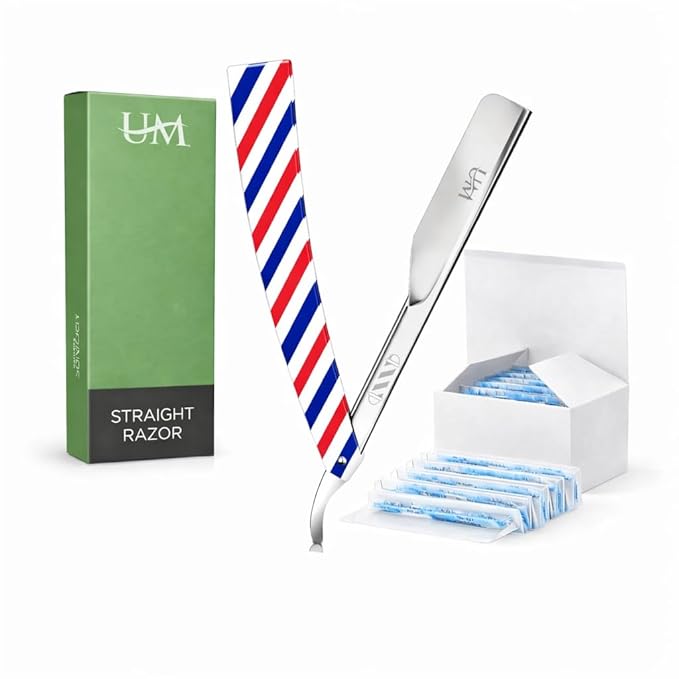 UM Supplies Straight Razors for Men – Professional Barber Straight Edge Razor Kit with 10 Replaceable Insert Single Edge Blades - Navajas Para Barbero Barber Pole Design (Red, White, Blue)