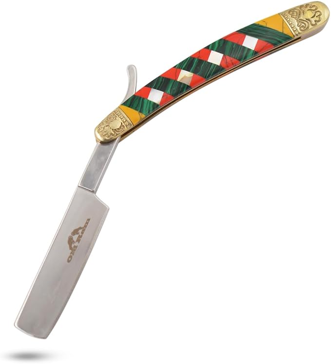 6.75" Straight Edge Razor – 3CR13 Stainless Steel Manual Folding Blade with Multi-Color Mosaic Handle and Engraved Brass Bolsters