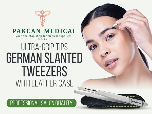 German Premium Slanted Tweezers in Leather Case - German Steel Hair Removal Tool for Eyebrows, Face & Ingrown Hairs – Hand-Finished, Ultra-Grip Tips, Premium Leather Case – Professional Salon Quality
