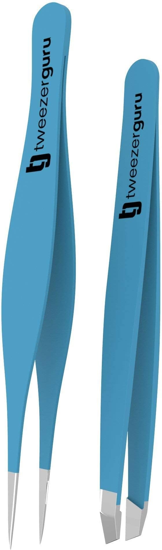 Tweezer Guru Eyebrow Tweezers for Women & Men - Set of 2, Professional, Stainless Steel, Slant and Pointed Tweezers for Ingrown Hair, Splinters and Blackhead Removal (Teal)