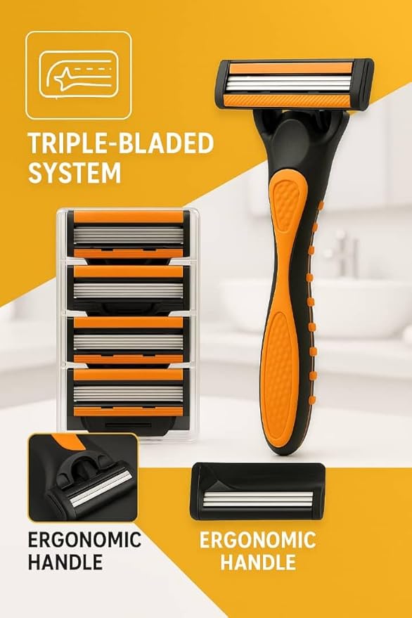 Triple Blade Razor for Men – Lubricating Strip Shaving System with Anti-Slip Handle & 6 Replacement Cartridges – Smooth & Comfortable Shave
