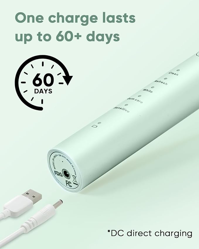 MySmile DY156 Electric Toothbrush for Adults, Rechargeable Sonic Battery Toothbrush Portable with 3 Brush Heads, 2 Mins 5 Modes Smart Timer, 45000VPM, One Charge for 60 Days - Green