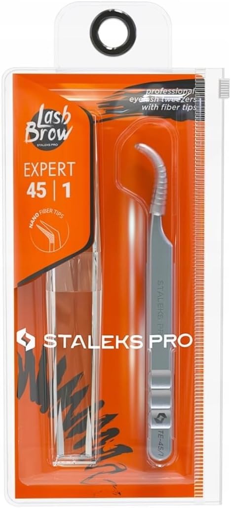 STALEKS PRO Expert 45 Type 1 Professional Eyelash Tweezers (Curved) – Stainless Steel with Nano-Notches for Volume & Mega-Volume Lash Extensions