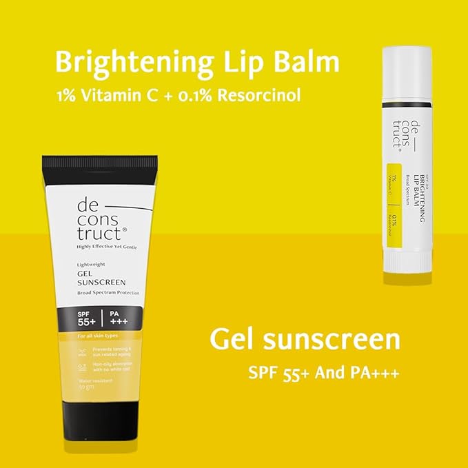 Deconstruct Glow Guard Duo | Brightening Lip Balm (4g) + Gel Sunscreen (50 g) | Lip Balm- | Brightens Pigmented Lips |Sunscreen- SPF 50+ Gel based for all skin types | Pack of 2