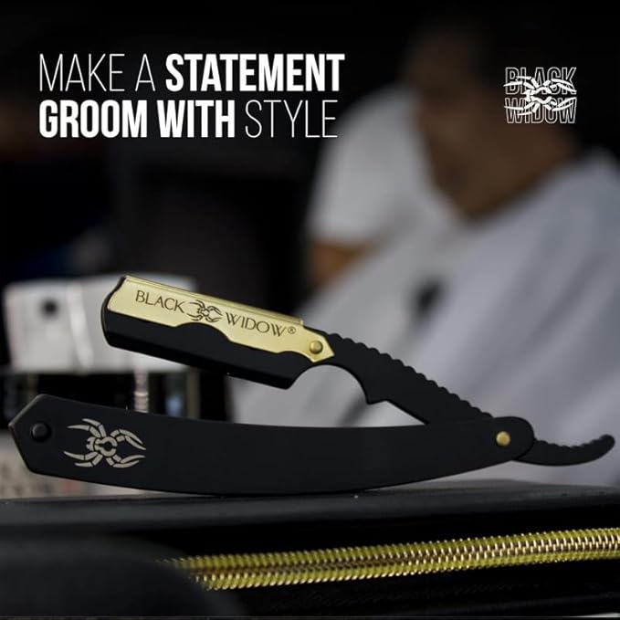 Black Widow Professional Straight Razor – Matte Black & Gold Barber Razor for Men – 1.5 mm Exposure, Swing Lock Grip, Stainless Steel Shavette for Barbers & Beginners pack of 10 blades