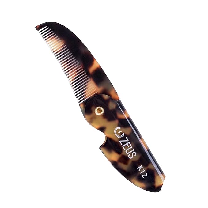 ZEUS Folding Mustache Comb for Men, Handmade Saw-Cut Pocket Comb for Men’s Beard & Moustache Grooming, Compact & Travel Friendly (Tortoiseshell) K12
