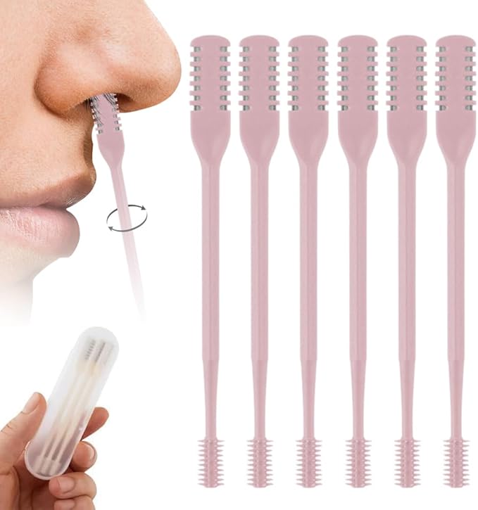 2-in-1 Nasal Hair Cutter, 2025 Professional Nose Hair Trimmer with 360° Rotation & Ear Picker, Dual-Blade Manual Nasal Grooming Tool with Soft Cleaning Brush for Men and Women (Pink, 6 PCS)