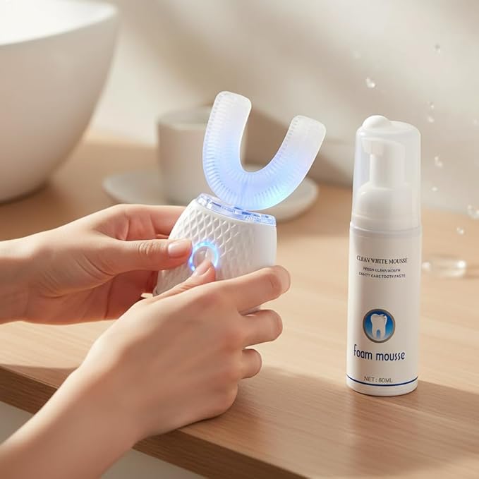U-Shaped Electric Toothbrush for Adults, Hands-Free Auto Teeth Cleaner with 360° Ultrasonic & Foam Mousse, 4 Brush Heads, LED Light & Charging Base Kit (White)