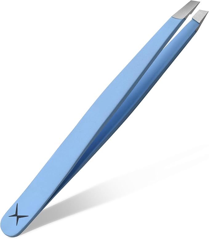 Professional Slant Tip Tweezers - Precision Stainless Steel Eyebrow Plucking Tool for Women and Men, Ingrown Hair Remover, Facial Hair Tweezers for Grooming (Baby Blue)