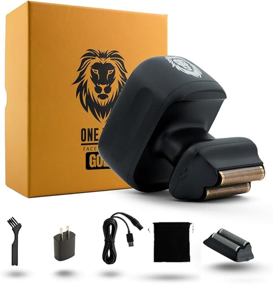 Skull Shaver One Lion Gold PRO Face Shaver for Men - Precision Grooming - Stepped Twin Foil - Ergonomic Grip - LCD Display - Cordless & Rechargeable