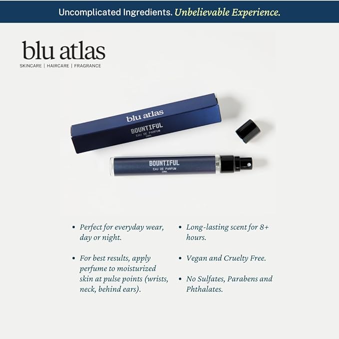 Blu Atlas Bountiful Cologne, 1.4 oz/10 ml – Refreshing and Sophisticated, Vegan Eau de Parfum for Men