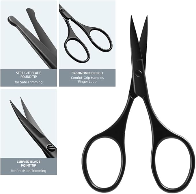 Facial Hair Small Grooming Scissors Set For Men Women Eyebrow Nose Hair Mustache Beard Eyelashes Trimming Kit Curved and Rounded Safety Tip 2PCS