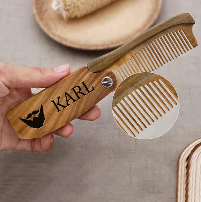 Personalized Beard Comb for Men, Laser Engraved Wooden Folding Hair Comb, Custom Folding Pocket Comb for Moustache Beard & Hair, Premium Handcrafted Wood (Dark Sandal)