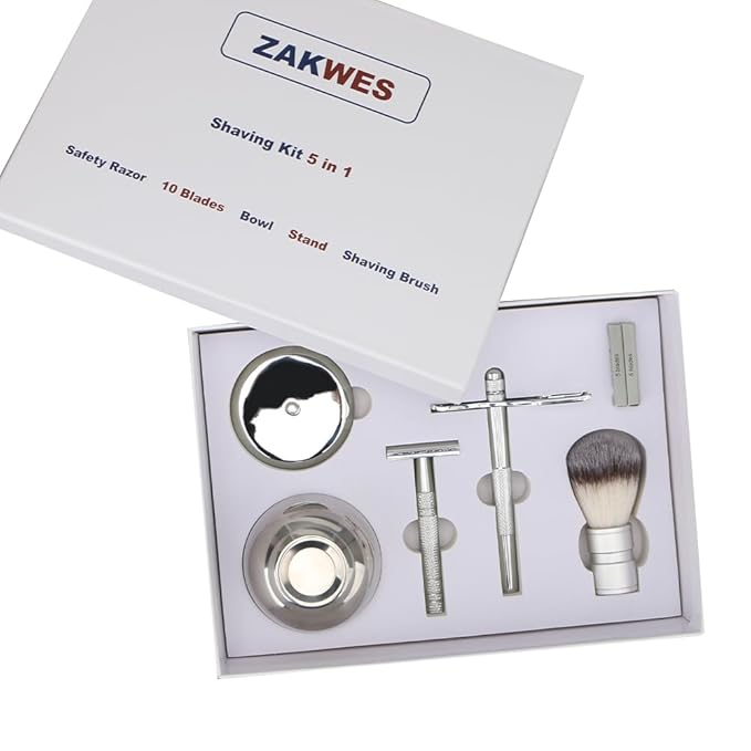 Men's Shaving & Grooming Set, Double Edge Safety Razor, Shaving Brush, Razor & Brush Stand,10 Blades, Shaving Bowl, Valentine Gift For Men, Gift for Fathers/Dads (Silver)