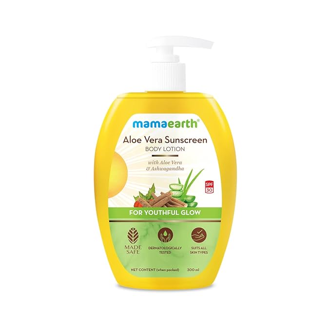 Mamaearth Aloe Vera SPF 30 Sunscreen Body Lotion | Helps Prevent Tanning & Adds Glow to Skin | Lightweight & Non-Greasy | Suits All Skin Types | 10.14 Fl Oz/300ml
