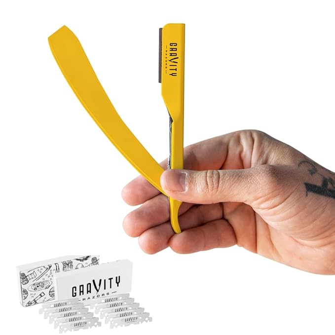GRAVITY RAZORS Professional Straight Razor Kit – Ultra Exposure, Includes 10 Premium Blades, 2mm Exposed, Yellow