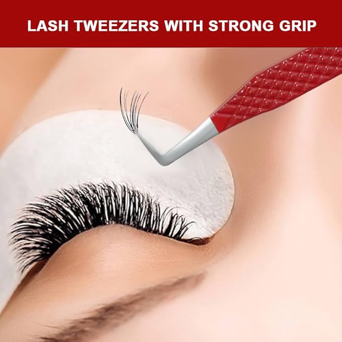 Lash Tweezers - Stainless Steel Fiber Tip Eyelash Tweezers (Set of 4) - Diamond Grip Professional Lash Tweezers for Eyelash Extensions (Red)