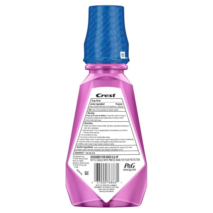 Crest Kid's Anti Cavity Fluoride Mouthwash, Alcohol Free, Strawberry Rush, 500 mL (16.9 fl oz), (Pack of 8)