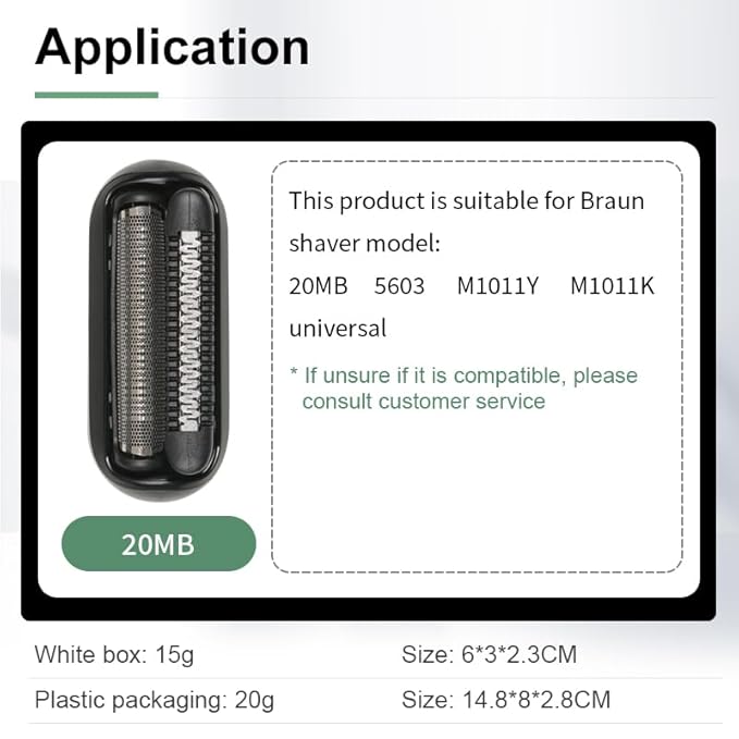 Replacement Head 20MB Compatible with Electric Shaver, Wet and Dry Replacement Head Compatible with 20MB Foil and Cutter, Replacement Head Fit 5603 M1011Y M1011K(1 Count)