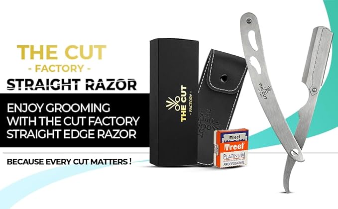 The Cut- Factory- Exquisite Line Straight Razors for Men with Ultra Sharp Single Edge Blades Premium Matte Silver Coated Barber Straight Razor with Leather Pouch and Gift Box