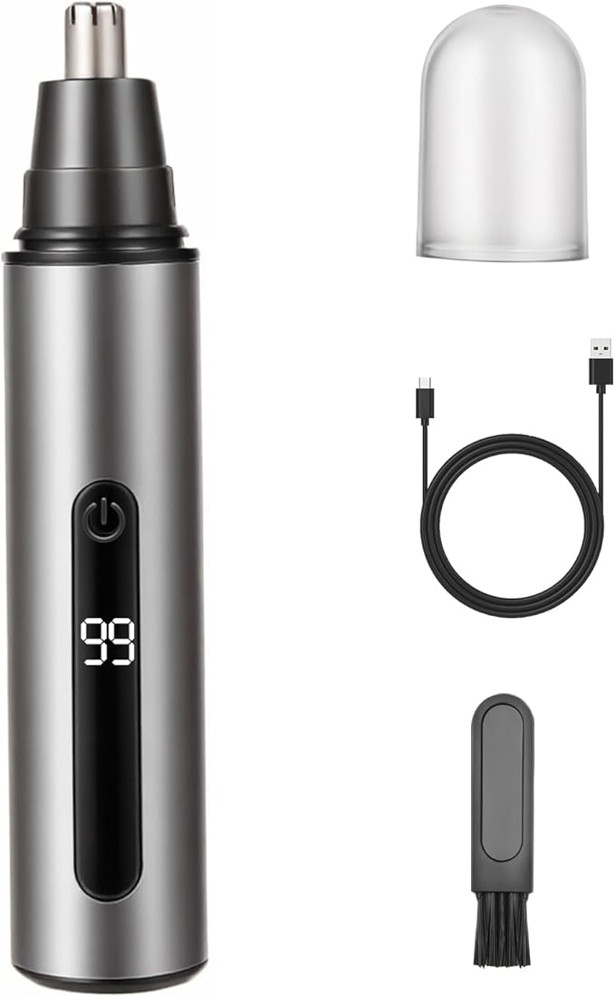 SYAWS Nose Hair Trimmer for Men and Women,USB Rechargeable Eyebrow & Facial Hair Remover with LED Display,Aluminum Alloy Shell with IPX7 Waterproof,Dual Edge Blades for Easy Cleaning (Silver)